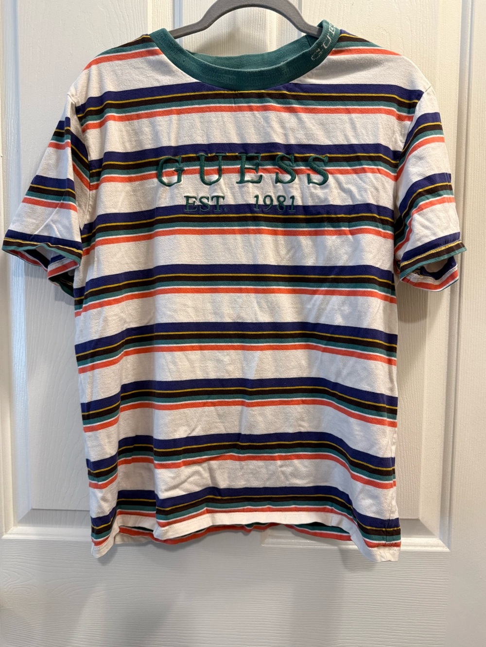 GUESS Vintage Multicolor Striped Short-Sleeve Tee with Green Collar - Medium - Picture 1 of 4